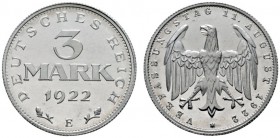 Deutsche Münzen und Medaillen ab 1871 
 Weimarer Republik 
 3 Mark 1922 E. Aluminium. J. 303. Polierte Platte