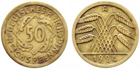 Deutsche Münzen und Medaillen ab 1871 
 Weimarer Republik 
 50 Reichspfennig 1924 A. J. 318. selten, sehr schön-vorzüglich Mit Foto-Echtheitsgutacht...
