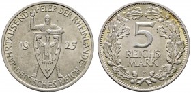 Deutsche Münzen und Medaillen ab 1871 
 Weimarer Republik 
 5 Reichsmark 1925 F. Rheinlande. J. 322. winzige Randfehler, vorzüglich-prägefrisch