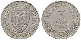 Deutsche Münzen und Medaillen ab 1871 
 Weimarer Republik 
 3 Reichsmark 1926 A. Lübeck. J. 323. vorzüglich-prägefrisch