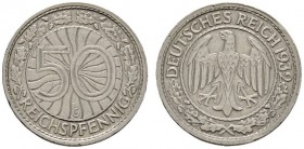 Deutsche Münzen und Medaillen ab 1871 
 Weimarer Republik 
 50 Reichspfennig 1932 G. J. 324. sehr selten, winzige Randfehler, sehr schön-vorzüglich ...
