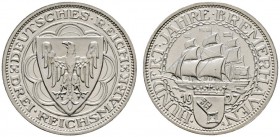 Deutsche Münzen und Medaillen ab 1871 
 Weimarer Republik 
 3 Reichsmark 1927 A. Bremerhaven. J. 325. Polierte Platte