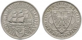 Deutsche Münzen und Medaillen ab 1871 
 Weimarer Republik 
 3 Reichsmark 1927 A. Bremerhaven. J. 325. vorzüglich
