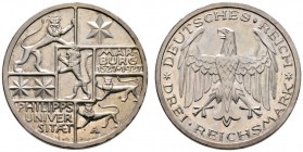 Deutsche Münzen und Medaillen ab 1871 
 Weimarer Republik 
 3 Reichsmark 1927 A. Uni Marburg. J. 330. leichte Tönung, Polierte Platte