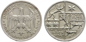 Deutsche Münzen und Medaillen ab 1871 
 Weimarer Republik 
 3 Reichsmark 1927 A. Uni Marburg. J. 330. vorzüglich-prägefrisch