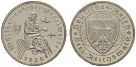Deutsche Münzen und Medaillen ab 1871 
 Weimarer Republik 
 3 Reichsmark 1930 A. Vogelweide. J. 344. winzige Kratzer auf dem Avers, Polierte Platte