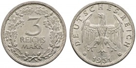 Deutsche Münzen und Medaillen ab 1871 
 Weimarer Republik 
 3 Reichsmark 1931 A. Kursmünze. J. 349. vorzüglich