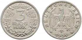 Deutsche Münzen und Medaillen ab 1871 
 Weimarer Republik 
 3 Reichsmark 1931 D. Kursmünze. J. 349. sehr schön-vorzüglich