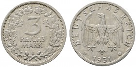 Deutsche Münzen und Medaillen ab 1871 
 Weimarer Republik 
 3 Reichsmark 1931 E. Kursmünze. J. 349. sehr schön-vorzüglich