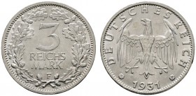 Deutsche Münzen und Medaillen ab 1871 
 Weimarer Republik 
 3 Reichsmark 1931 F. Kursmünze. J. 349. winzige Kratzer, vorzüglich-prägefrisch