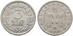 Deutsche Münzen und Medaillen ab 1871 
 Weimarer Republik 
 3 Reichsmark 1932 D. Kursmünze. J. 349. vorzüglich