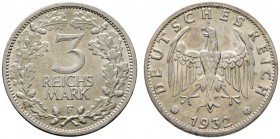 Deutsche Münzen und Medaillen ab 1871 
 Weimarer Republik 
 3 Reichsmark 1932 F. Kursmünze. J. 349. selten, winzige Kratzer, vorzüglich-prägefrisch...