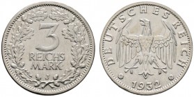 Deutsche Münzen und Medaillen ab 1871 
 Weimarer Republik 
 3 Reichsmark 1932 J. Kursmünze. J. 349. minimale Kratzer, fast vorzüglich