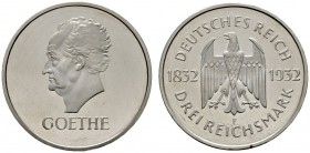 Deutsche Münzen und Medaillen ab 1871 
 Weimarer Republik 
 3 Reichsmark 1932 F. Goethe. J. 350. winzige Kratzer auf dem Revers, Polierte Platte