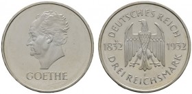 Deutsche Münzen und Medaillen ab 1871 
 Weimarer Republik 
 3 Reichsmark 1932 F. Goethe. J. 350. winziger Kratzer auf dem Avers, Polierte Platte