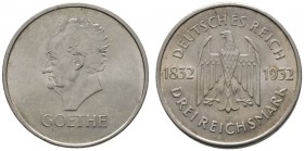 Deutsche Münzen und Medaillen ab 1871 
 Weimarer Republik 
 3 Reichsmark 1932 F. Goethe. J. 350. vorzüglich-prägefrisch