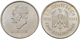 Deutsche Münzen und Medaillen ab 1871 
 Weimarer Republik 
 5 Reichsmark 1932 F. Goethe. J. 351. vorzüglich-prägefrisch