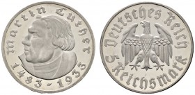 Deutsche Münzen und Medaillen ab 1871 
 Drittes Reich 
 5 Reichsmark 1933 F. Luther. J. 353. selten in dieser Erhaltung, Prachtexemplar, Polierte Pl...