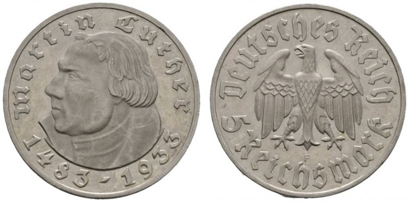 Deutsche Münzen und Medaillen ab 1871 
 Drittes Reich 
 5 Reichsmark 1933 F. L...