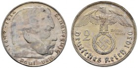 Deutsche Münzen und Medaillen ab 1871 
 Drittes Reich 
 2 Reichsmark 1936 J. Hindenburg mit Hakenkreuz. J. 366. sehr seltenes Prachtexemplar mit lei...
