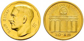 Deutsche Münzen und Medaillen ab 1871 
 Drittes Reich 
 Goldmedaille (1933) unsigniert. Fantasieprägung zu 20 Reichsmark. Büste Hitlers nach links /...