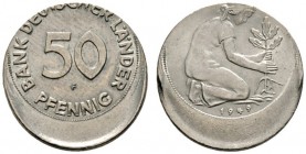 Deutsche Münzen und Medaillen ab 1871 
 Bank Deutscher Länder 
 50 Pfennig 1949 F. Verprägung mit starker Dezentrierung. J. 379. selten, prägefrisch...