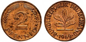 Deutsche Münzen und Medaillen ab 1871 
 Bundesrepublik Deutschland 
 2 Pfennig 1969 J. Nicht magnetisch. J. 381. Auflage: ca. 550 Exemplare. selten,...