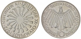 Deutsche Münzen und Medaillen ab 1871 
 Bundesrepublik Deutschland 
 10 Deutsche Mark 1972 J. Olympische Spiele-Spirale München. Randschrift mit Ara...