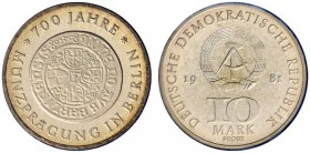 Deutsche Münzen und Medaillen ab 1871 
 Deutsche Demokratische Republik 
 10 Mark-Motiv-PROBE 1981. 700 Jahre Münzprägung in Berlin. Avers mit Darst...