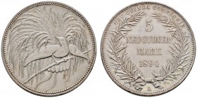 Deutsche Münzen und Medaillen ab 1871 
 Nebengebiete / Deutsch-Neuguinea 
 5 Neuguinea-Mark 1894 A. J. 707. selten, minimale Randfehler und Kratzer,...