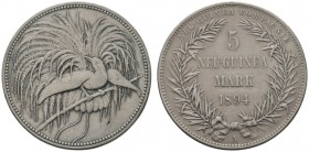Deutsche Münzen und Medaillen ab 1871 
 Nebengebiete / Deutsch-Neuguinea 
 5 Neuguinea-Mark 1894 A. J. 707. Fassungsspuren am Rand, fast sehr schön...