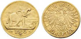 Deutsche Münzen und Medaillen ab 1871 
 Deutsch-Ostafrika 
 15 Rupien 1916 -Tabora-. Elefant mit erhabenem Rüssel vor Kilimandscharo / Reichsadler. ...