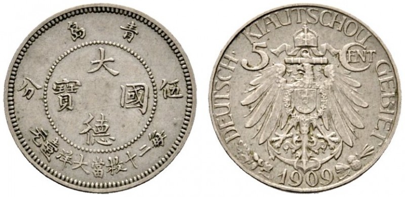 Deutsche Münzen und Medaillen ab 1871 
 Kiautschou 
 5 Cent 1909. J. 729. fast...