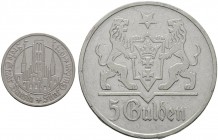 Deutsche Münzen und Medaillen ab 1871 
 Danzig 
 5 Gulden 1923. Marienkirche. J. D 9. zaponiert, winzige Randfehler, sehr schön