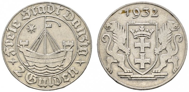 Deutsche Münzen und Medaillen ab 1871 
 Danzig 
 2 Gulden 1932. Kogge. J. D 16...