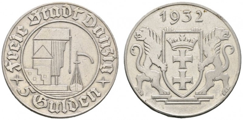 Deutsche Münzen und Medaillen ab 1871 
 Danzig 
 5 Gulden 1932 Krantor. J. D 1...