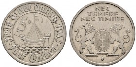Deutsche Münzen und Medaillen ab 1871 
 Danzig 
 5 Gulden 1935. Kogge. -Nickel-. J. D 19. kleine Kratzer, sehr schön-vorzüglich