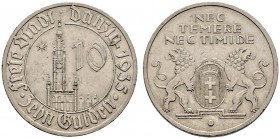 Deutsche Münzen und Medaillen ab 1871 
 Danzig 
 10 Gulden 1935. Rathaus. -Nickel-. J. D 20. selten, kleine Randfehler und Kratzer, gutes sehr schön...