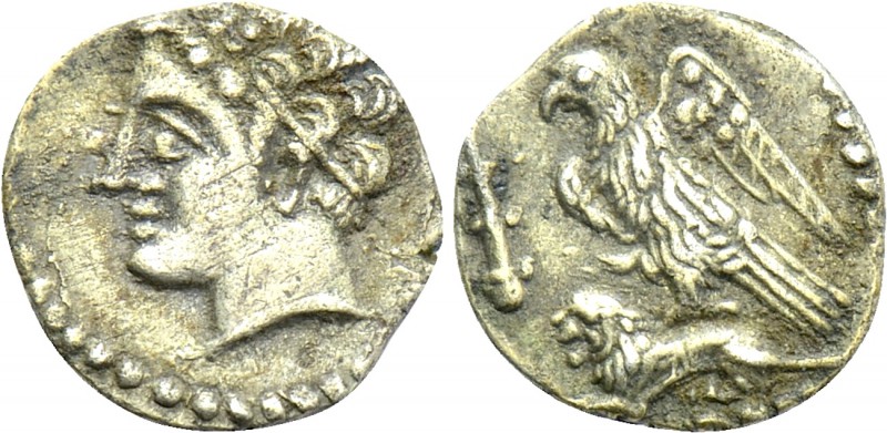 CILICIA. Uncertain. Obol (4th century BC).

Obv: Male head left, wearing grain...