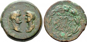 CILICIA. Aegeae. Domitian with Domitia (81-96). Ae Trihemiassaria. Uncertain magistrate. Dated CY 135 (88/9).