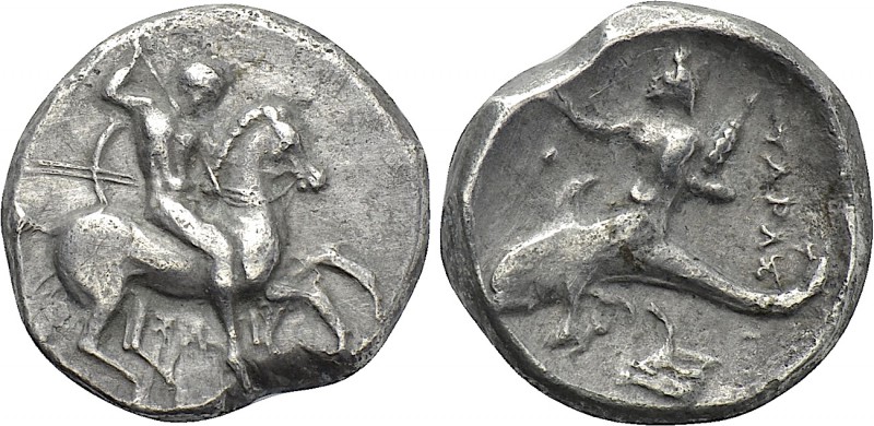CALABRIA. Tarentum. Nomos (Circa 332-302 BC). 

Obv: Warrior, holding shield a...