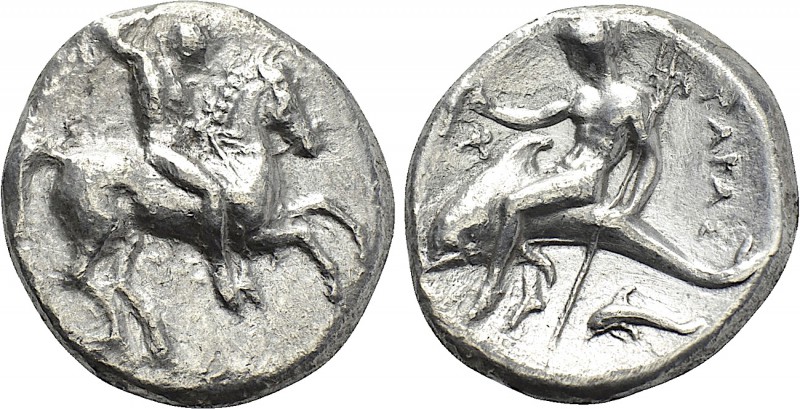 CALABRIA. Tarentum. Nomos (Circa 332-302 BC). 

Obv: Warrior, holding shield a...