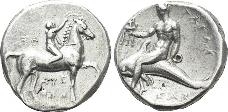 CALABRIA. Tarentum. Nomos (Circa 302-280 BC). 

Obv: Crowning youth on horse s...