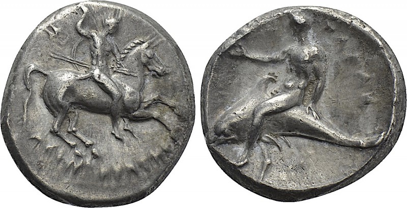 CALABRIA. Tarentum. Nomos (Circa 302-280 BC). 

Obv: Warrior, holding shield a...