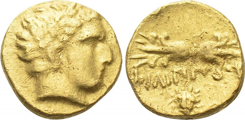 KINGS OF MACEDON. Philip II (359-336 BC). GOLD 1/12 Stater. Pella. 

Obv: Laur...