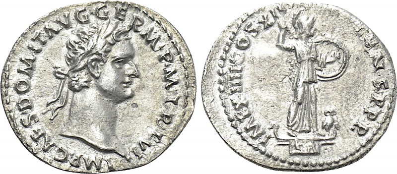 DOMITIAN (81-96). Denarius. Rome. 

Obv: IMP CAES DOMIT AVG GERM P M TR P VI. ...