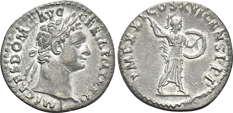 DOMITIAN (81-96). Denarius. Rome. 

Obv: IMP CAES DOMIT AVG GERM P M TR P XI. ...