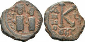 HERACLIUS with HERACLIUS CONSTANTINE (610-641). Half Follis. Thessalonica. Dated RY 5 (614/5).