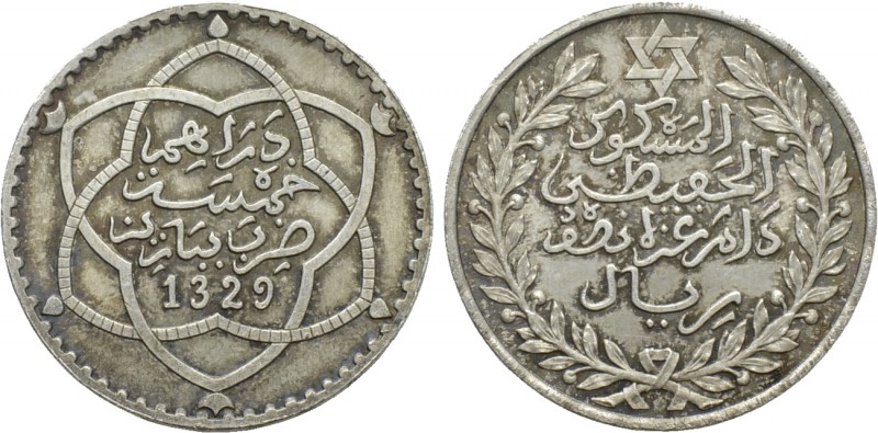 MOROCCO. 'Abd al-Hafid (Abdelhafid) (AH 1325-1330 / 1909-1912 AD). 1/2 Rial (AH ...