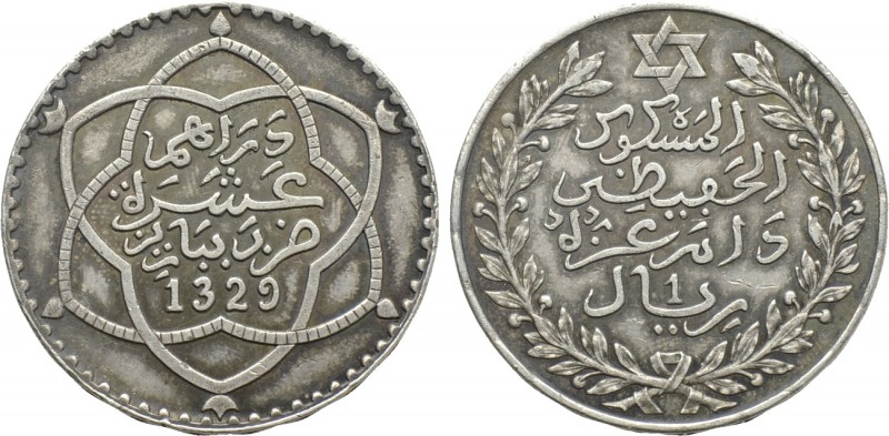 MOROCCO. 'Abd al-Hafid (Abdelhafid) (AH 1325-1330 / 1909-1912 AD). Rial (AH 1329...
